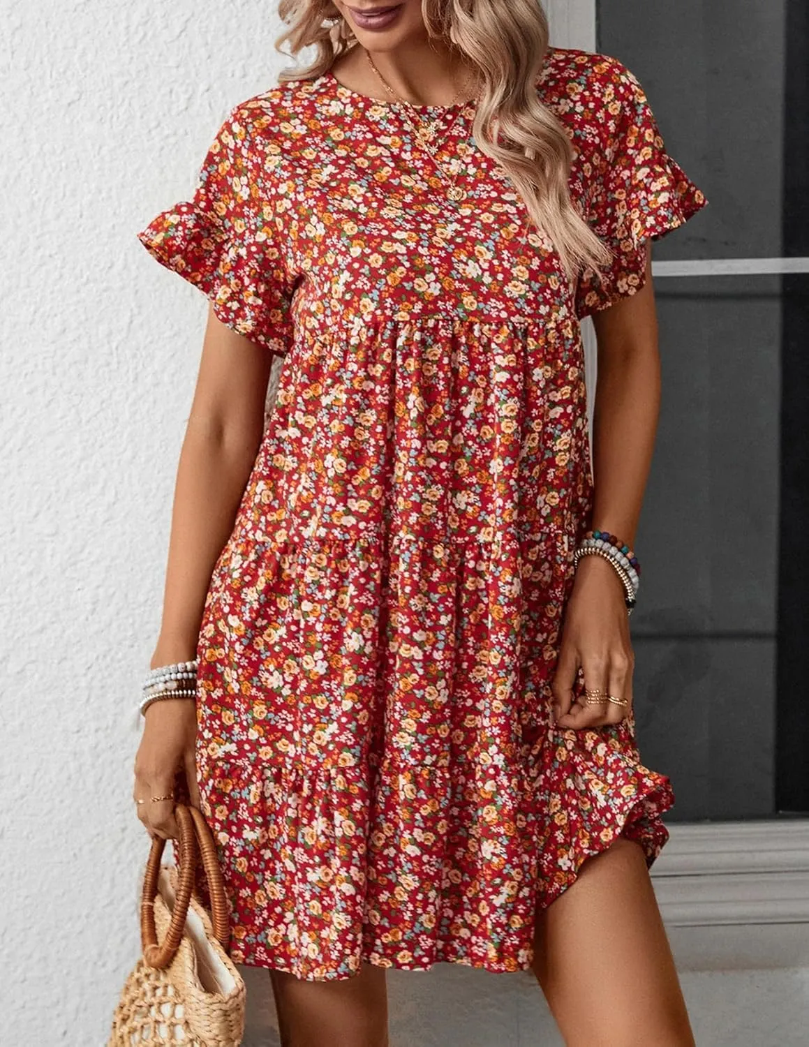 Melliflo Womens Summer Dresses Casual Short Sleeve Crewneck Ruffle Floral Print Dress Mini Dress