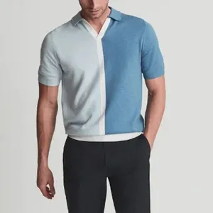 Men Casual Hood Tops Fashionable Lapel Contrast Color Knit Shirt Breathable Cotton Stretch Quick Dry T-Shirt