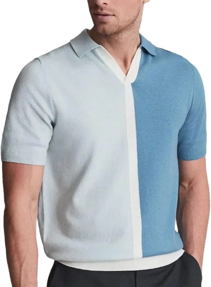 Men Casual Hood Tops Fashionable Lapel Contrast Color Knit Shirt Breathable Cotton Stretch Quick Dry T-Shirt