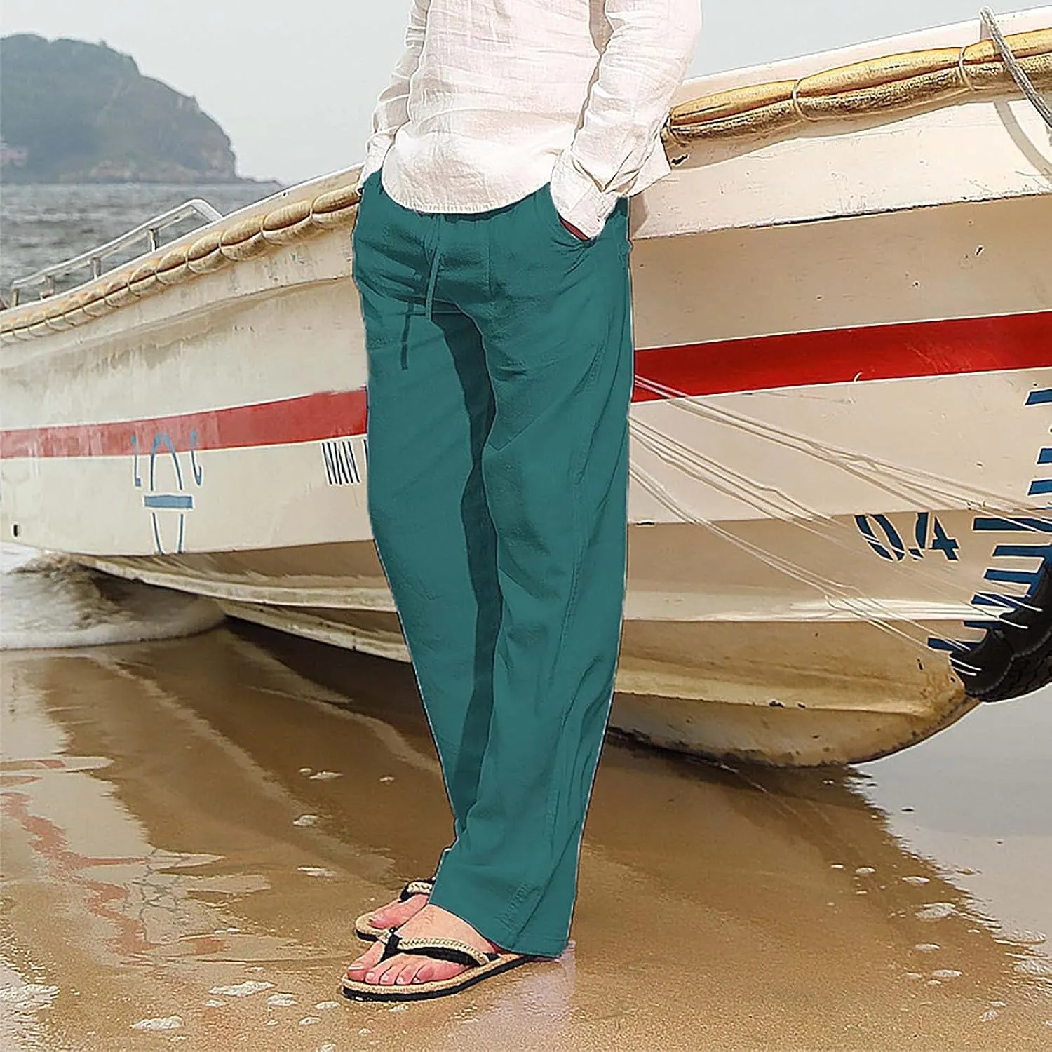 Men Fashion Cotton Linen Plus Size Casual Elastic Waist Pockets Long Pants
