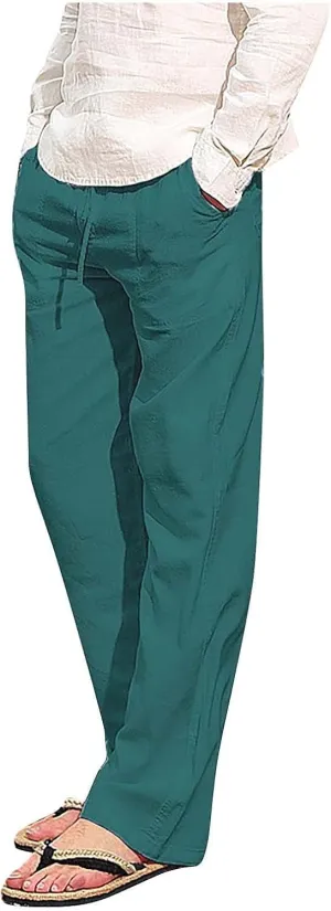 Men Fashion Cotton Linen Plus Size Casual Elastic Waist Pockets Long Pants