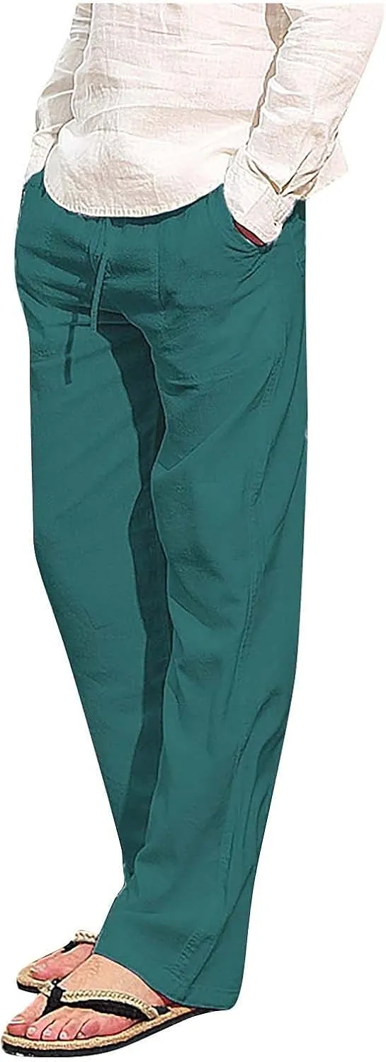 Men Fashion Cotton Linen Plus Size Casual Elastic Waist Pockets Long Pants
