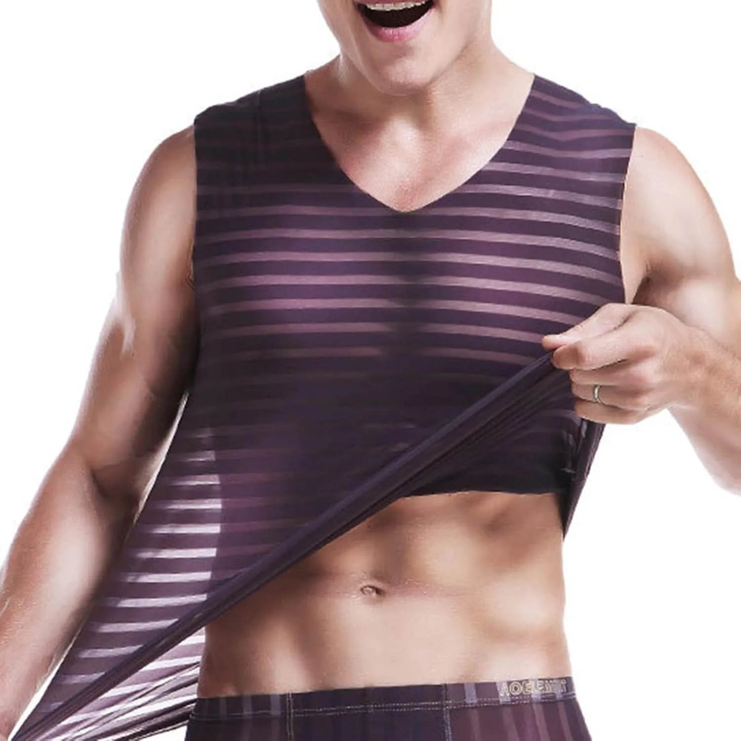 Men Mesh Striped Ice Silk Vest Summer Breathable V Neck T Shirt Fitness See Through Undershirt