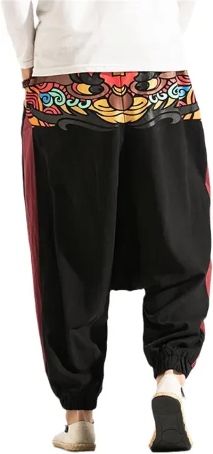 Men Wide Leg Linen Harem Pants Elastic Waist Loose Print Drop Crotch Pants Street Cross Trousers