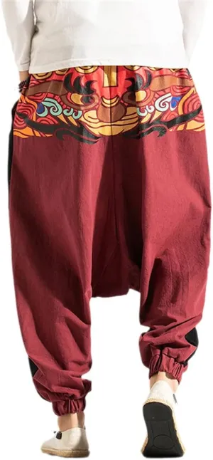 Men Wide Leg Linen Harem Pants Elastic Waist Loose Print Drop Crotch Pants Street Cross Trousers