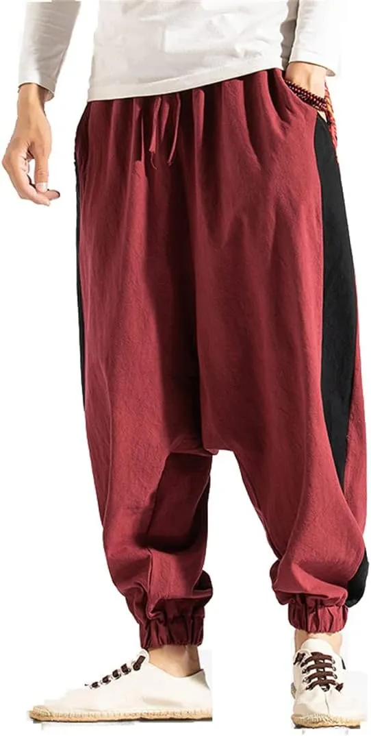 Men Wide Leg Linen Harem Pants Elastic Waist Loose Print Drop Crotch Pants Street Cross Trousers