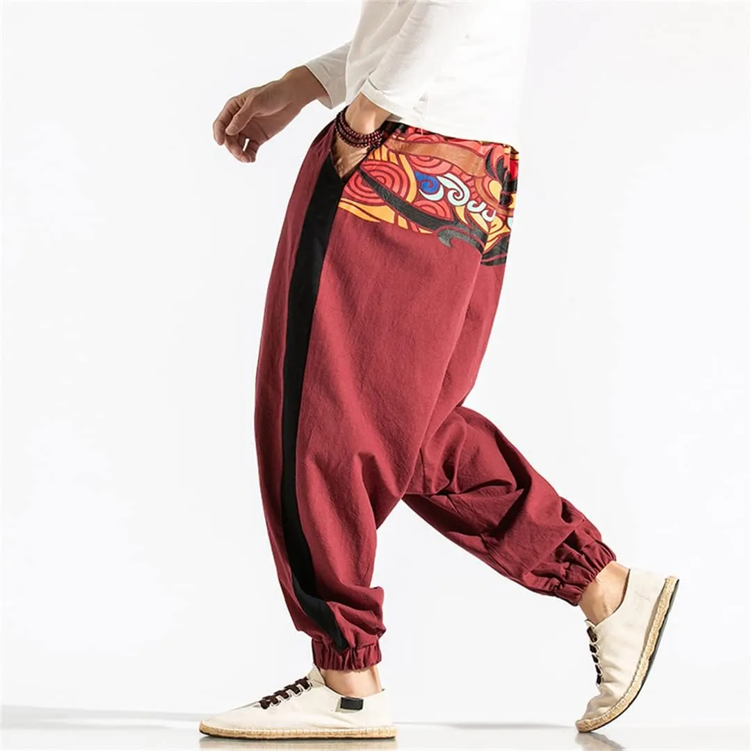 Men Wide Leg Linen Harem Pants Elastic Waist Loose Print Drop Crotch Pants Street Cross Trousers