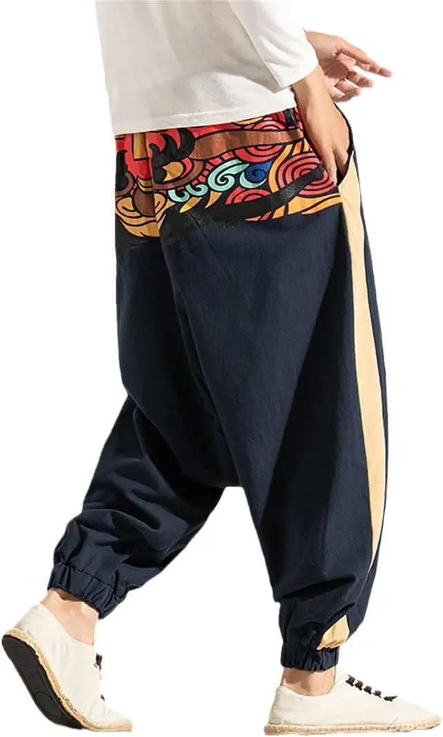 Men Wide Leg Linen Harem Pants Elastic Waist Loose Print Drop Crotch Pants Street Cross Trousers