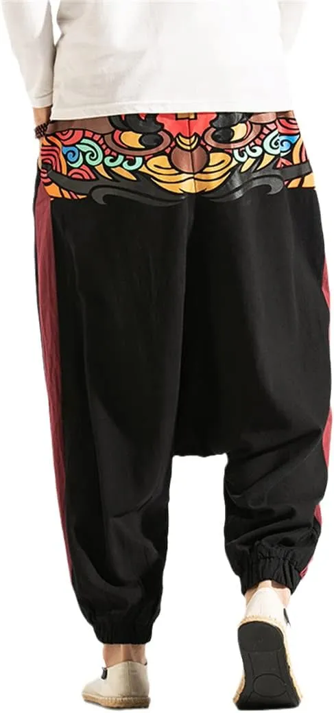 Men Wide Leg Linen Harem Pants Elastic Waist Loose Print Drop Crotch Pants Street Cross Trousers
