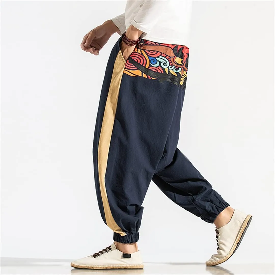 Men Wide Leg Linen Harem Pants Elastic Waist Loose Print Drop Crotch Pants Street Cross Trousers