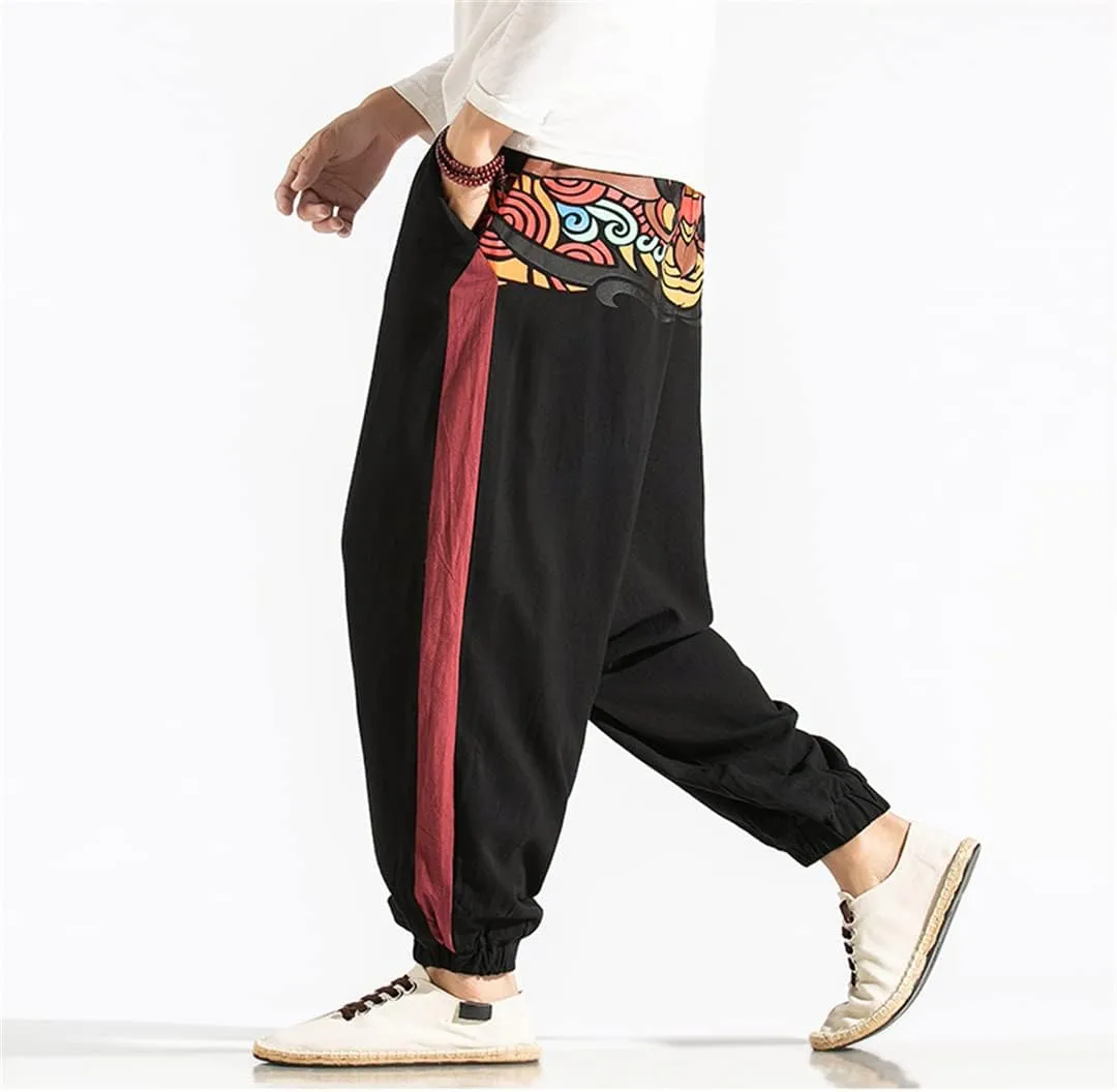 Men Wide Leg Linen Harem Pants Elastic Waist Loose Print Drop Crotch Pants Street Cross Trousers