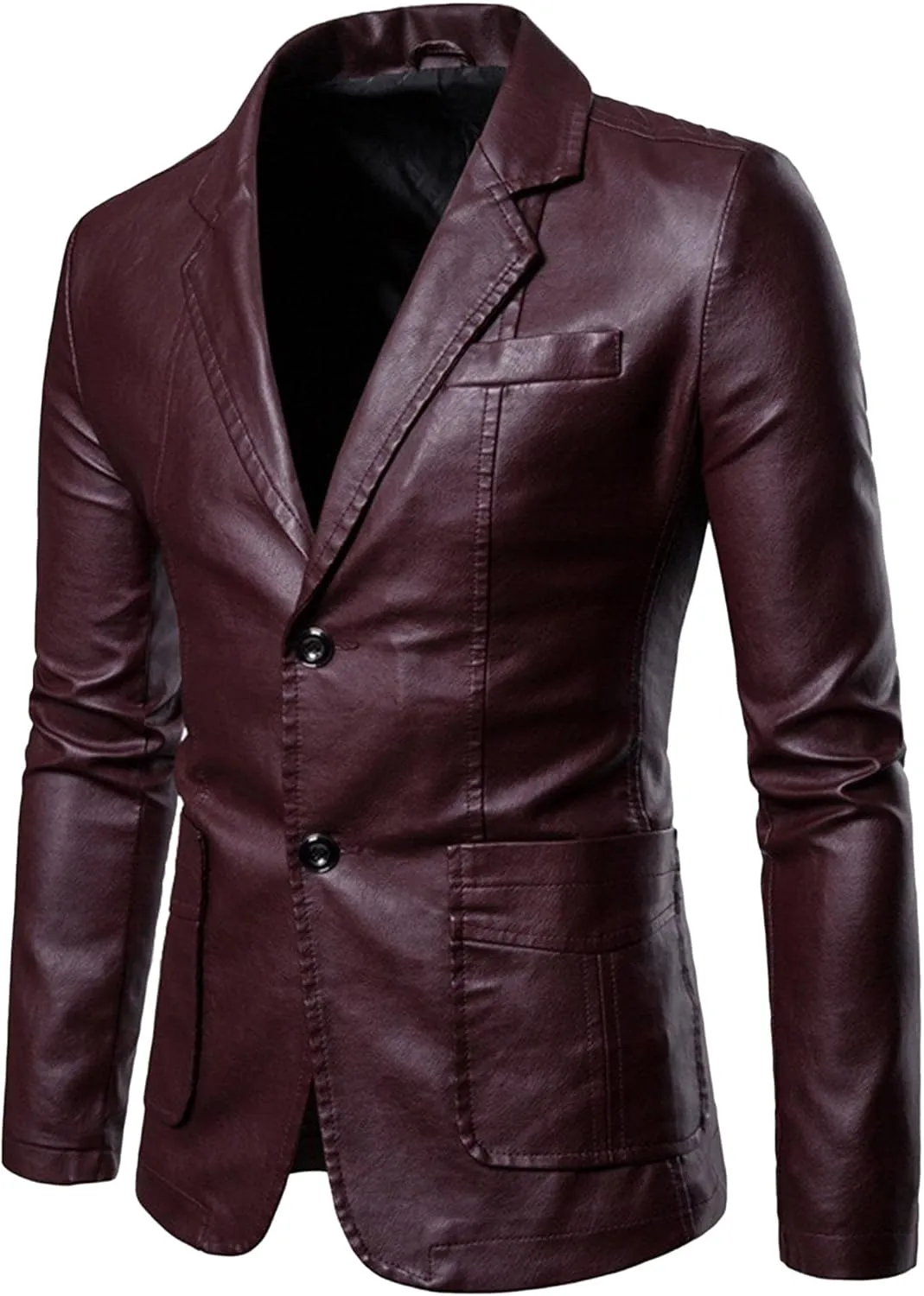 Men's 2 Button Leather Blazer Sport Coat Casual Notched Collar Suit Jacket Slim Formal Faux Leather Blazer Jacket