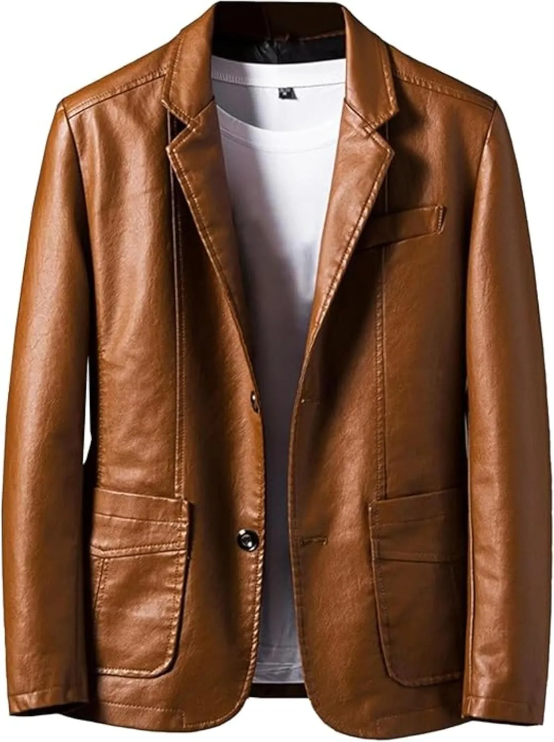 Men's 2 Button Leather Blazer Sport Coat Casual Notched Collar Suit Jacket Slim Formal Faux Leather Blazer Jacket