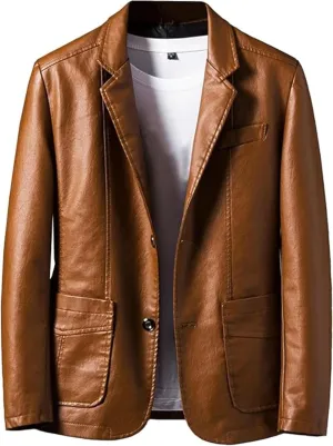 Men's 2 Button Leather Blazer Sport Coat Casual Notched Collar Suit Jacket Slim Formal Faux Leather Blazer Jacket