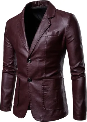 Men's 2 Button Leather Blazer Sport Coat Casual Notched Collar Suit Jacket Slim Formal Faux Leather Blazer Jacket