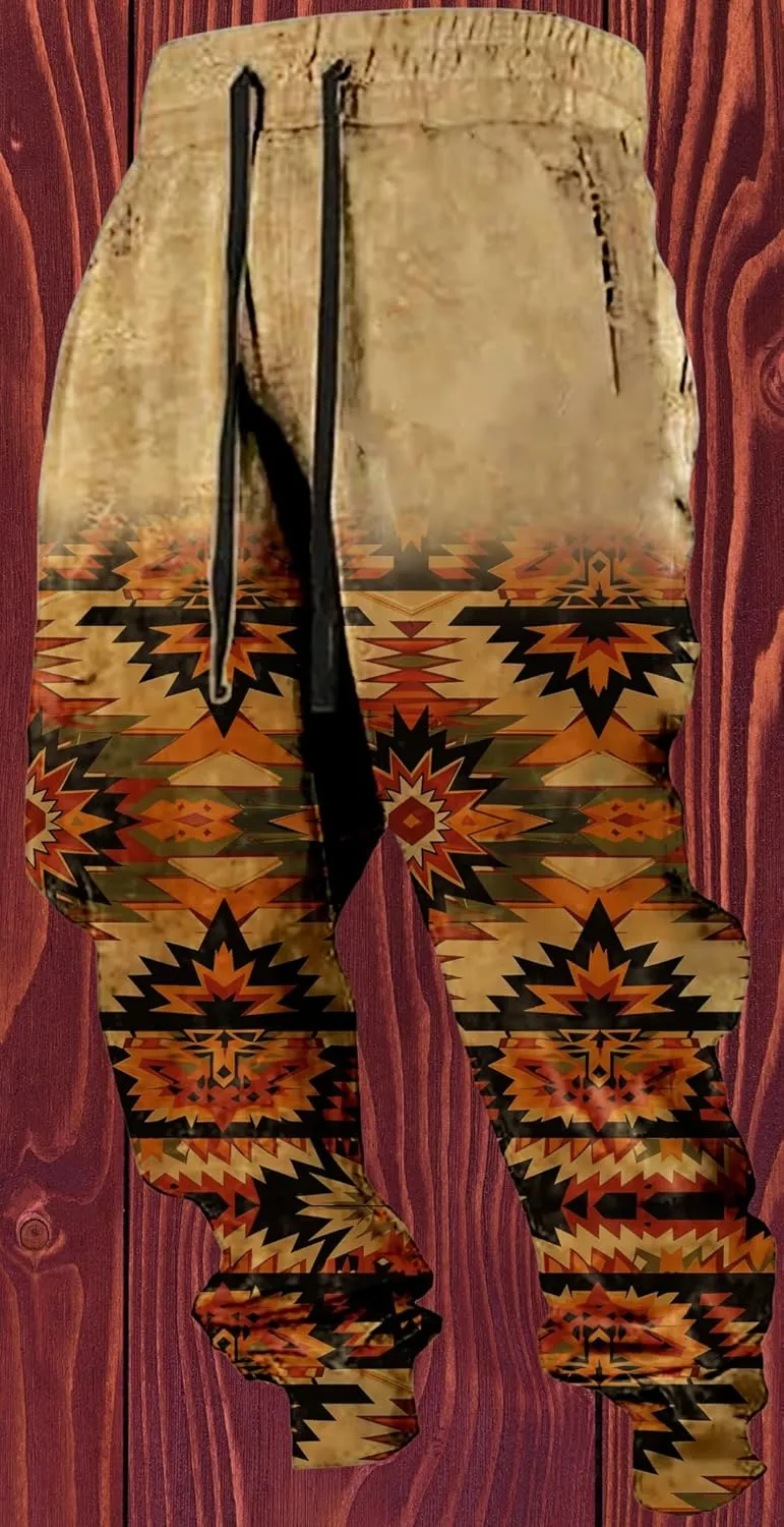 Mens Aztec Sweatpants Casual Loose Cowboy Graphic Western Style Print Vintage Drawstring Pants for Men