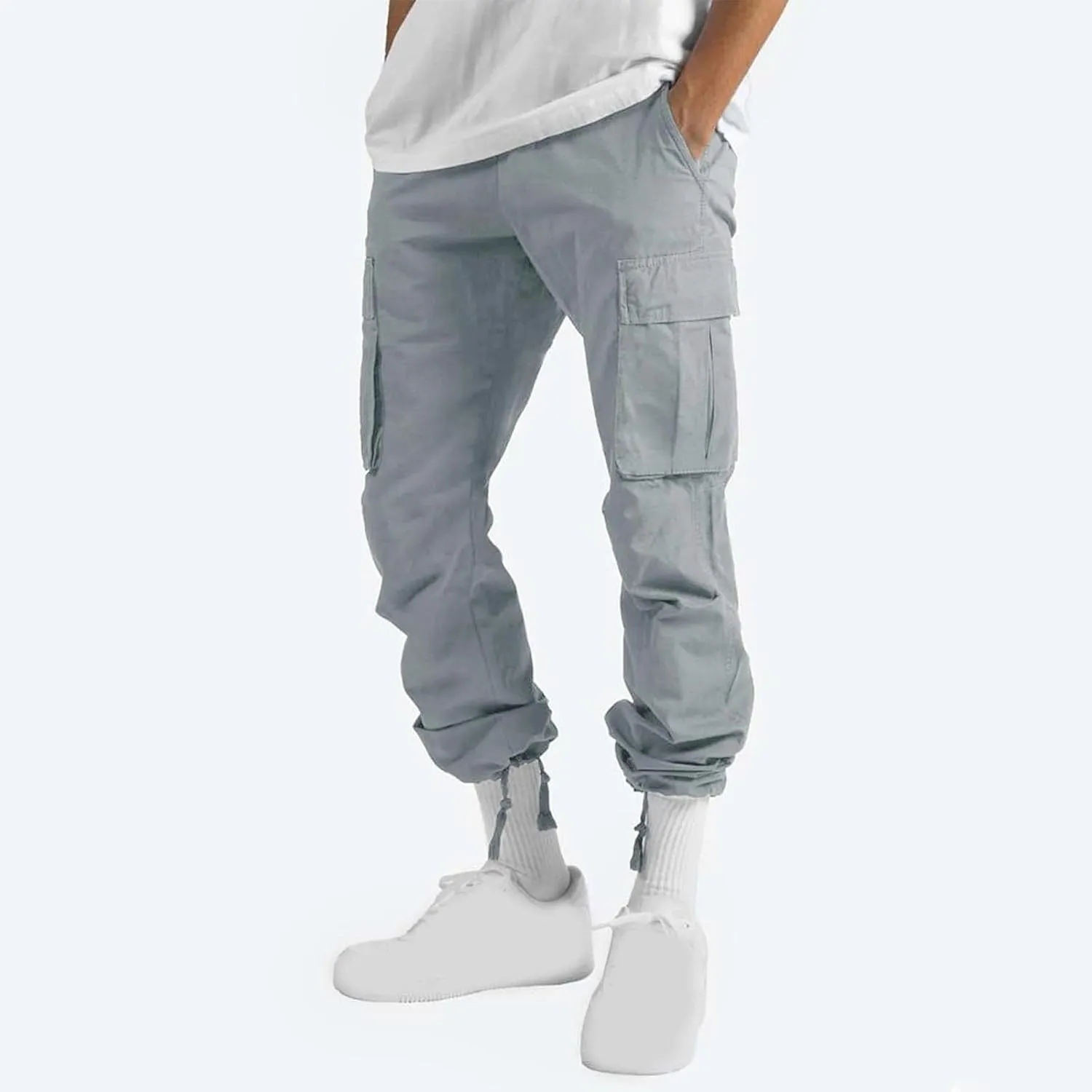 Mens Cargo Pants Classic Fit Cotton Drawstring Casual Joggers Athletic Trousers Elastic Waist Straight Sweatpants