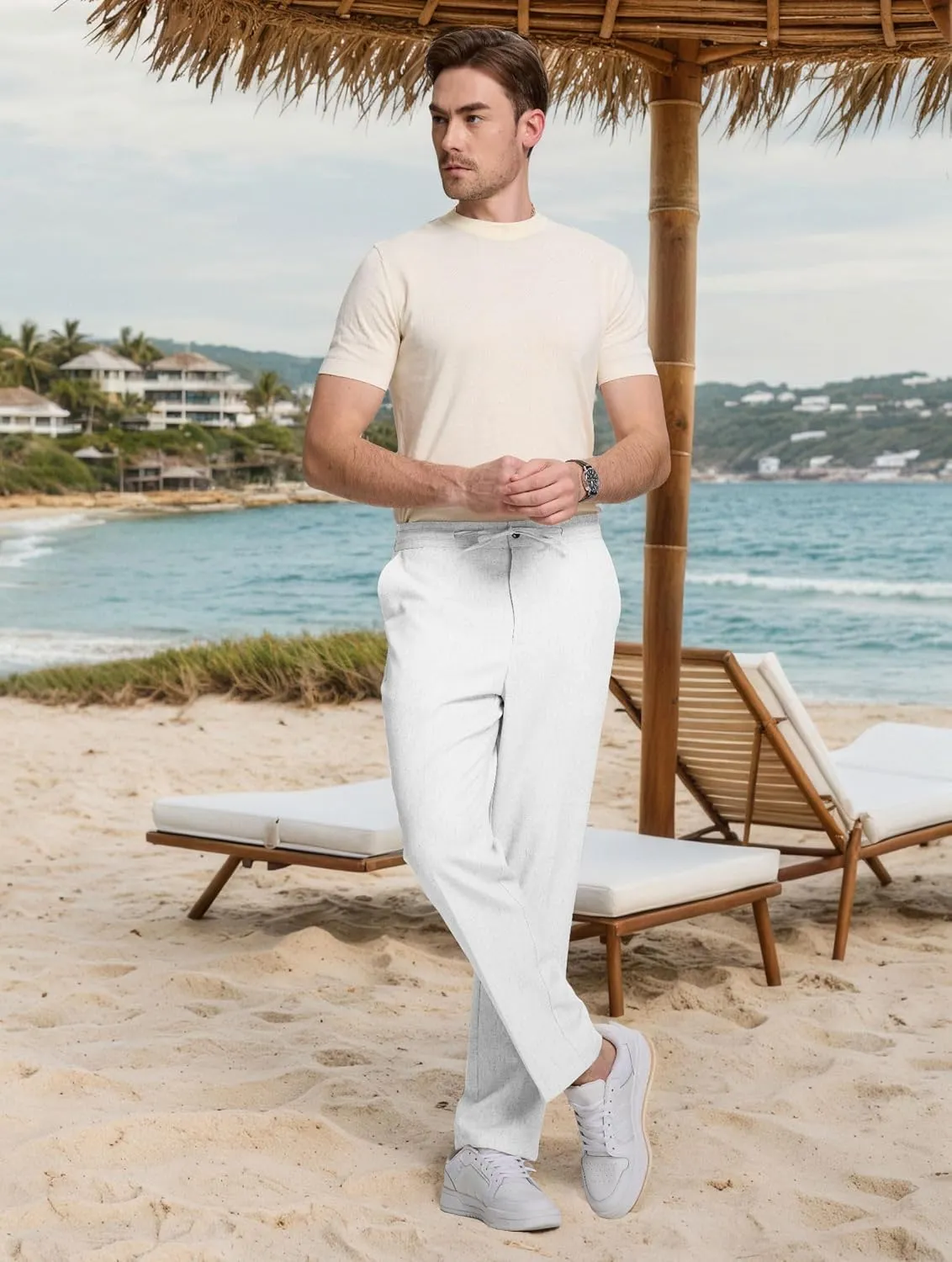 Men's Casual Pants Linen Drawstring Elastic Waist Loose Fit Men Dress Pants Summer Travel Beach Yoga Jog Trouser