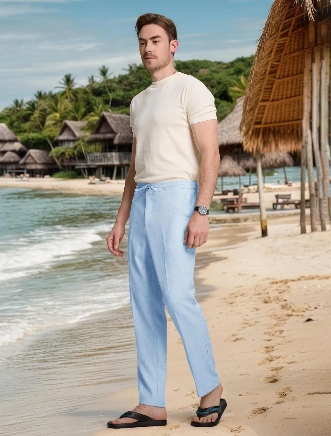Men's Casual Pants Linen Drawstring Elastic Waist Loose Fit Men Dress Pants Summer Travel Beach Yoga Jog Trouser
