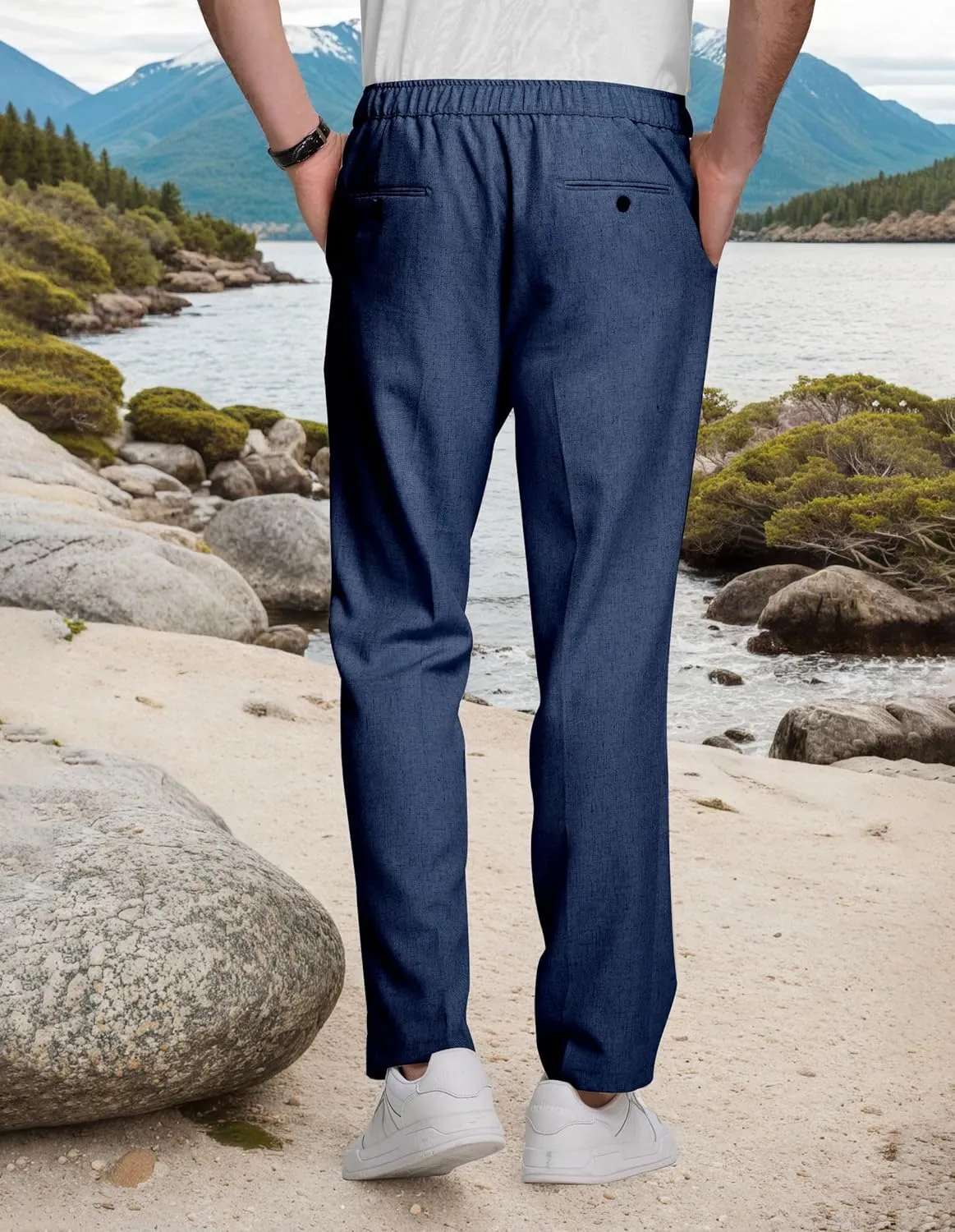 Men's Casual Pants Linen Drawstring Elastic Waist Loose Fit Men Dress Pants Summer Travel Beach Yoga Jog Trouser