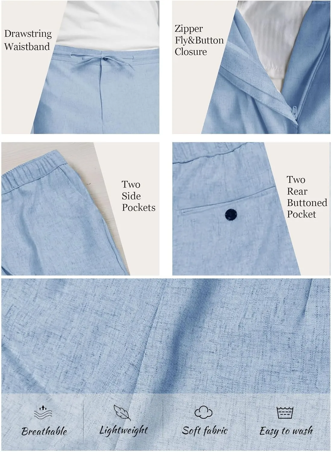 Men's Casual Pants Linen Drawstring Elastic Waist Loose Fit Men Dress Pants Summer Travel Beach Yoga Jog Trouser