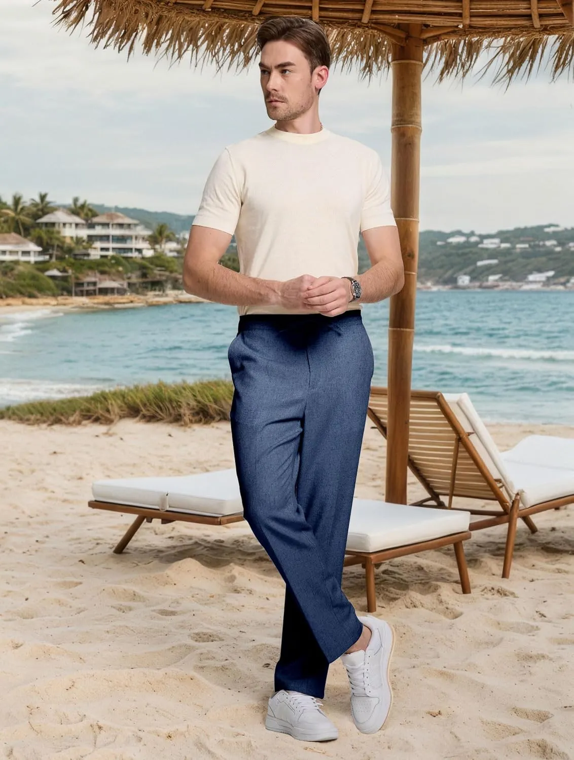 Men's Casual Pants Linen Drawstring Elastic Waist Loose Fit Men Dress Pants Summer Travel Beach Yoga Jog Trouser