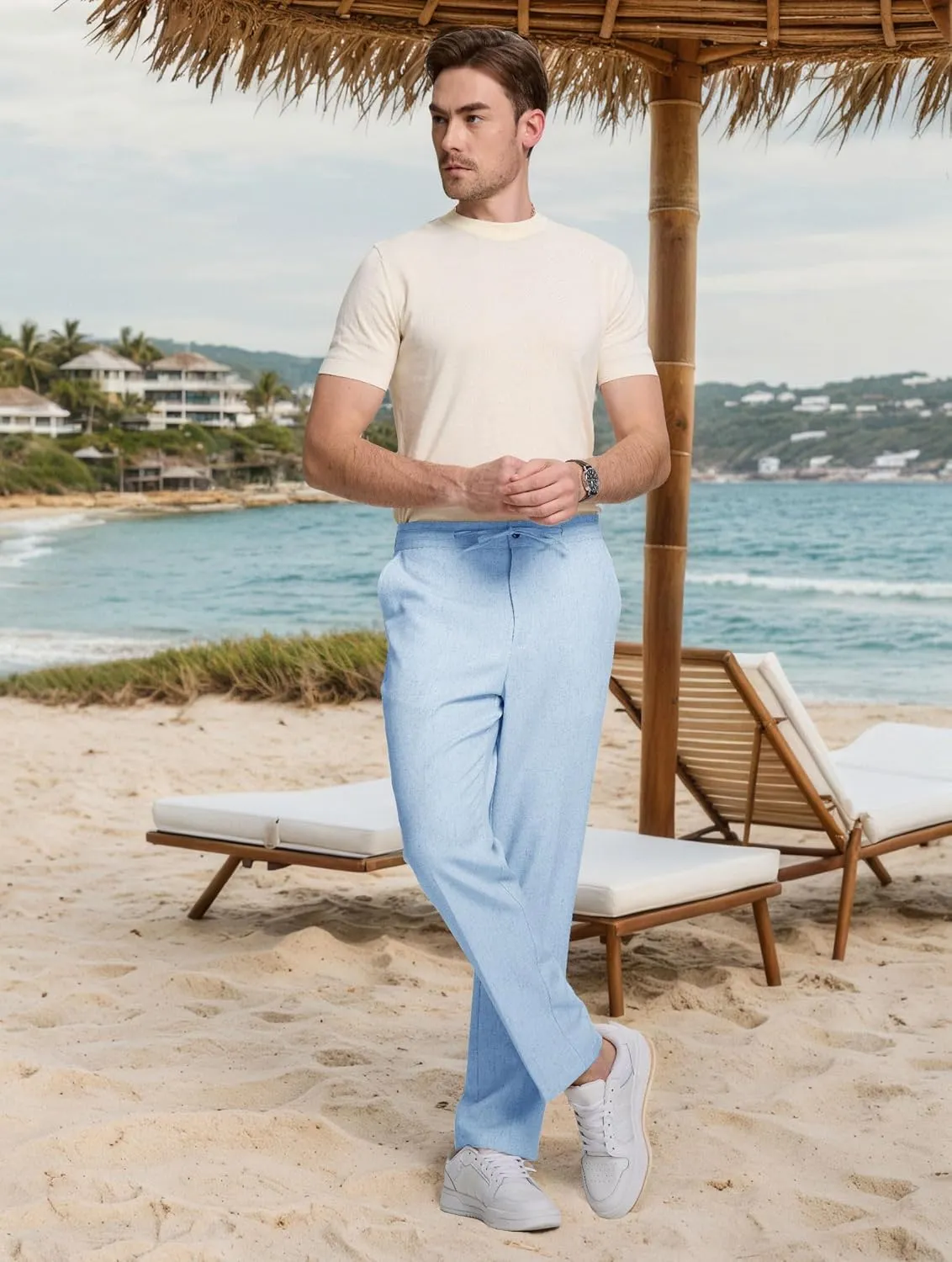 Men's Casual Pants Linen Drawstring Elastic Waist Loose Fit Men Dress Pants Summer Travel Beach Yoga Jog Trouser