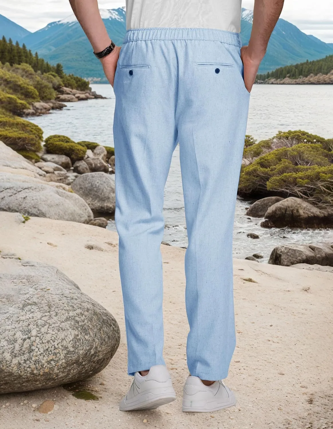 Men's Casual Pants Linen Drawstring Elastic Waist Loose Fit Men Dress Pants Summer Travel Beach Yoga Jog Trouser