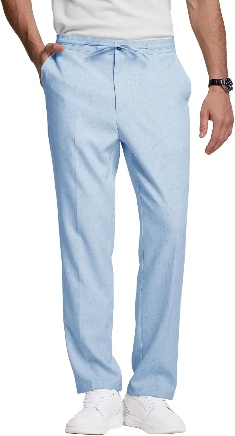 Men's Casual Pants Linen Drawstring Elastic Waist Loose Fit Men Dress Pants Summer Travel Beach Yoga Jog Trouser