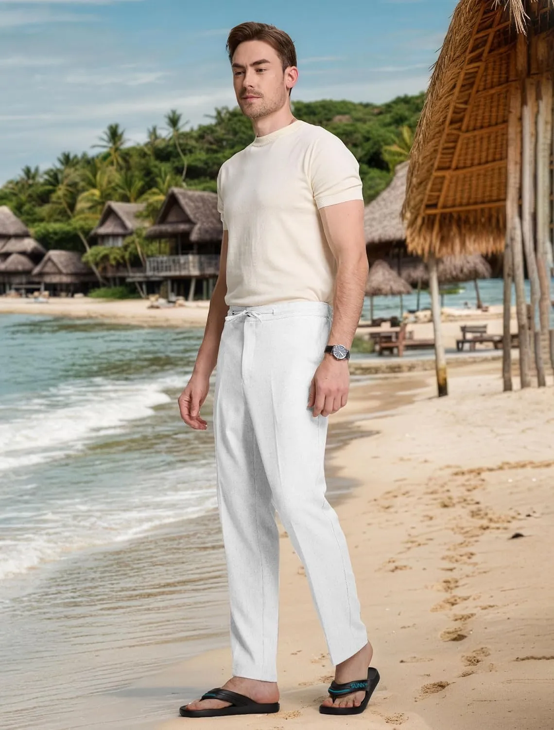 Men's Casual Pants Linen Drawstring Elastic Waist Loose Fit Men Dress Pants Summer Travel Beach Yoga Jog Trouser