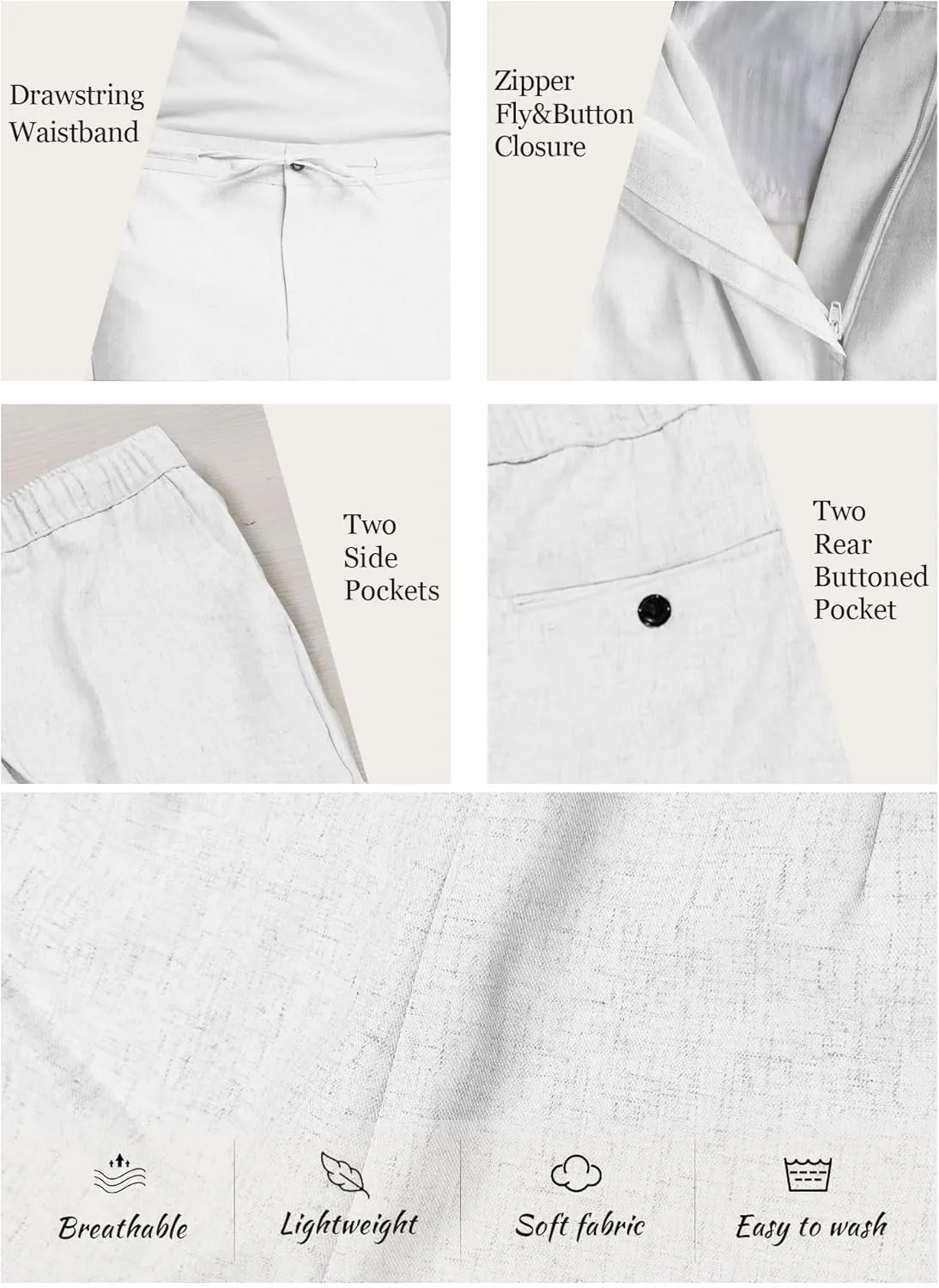 Men's Casual Pants Linen Drawstring Elastic Waist Loose Fit Men Dress Pants Summer Travel Beach Yoga Jog Trouser