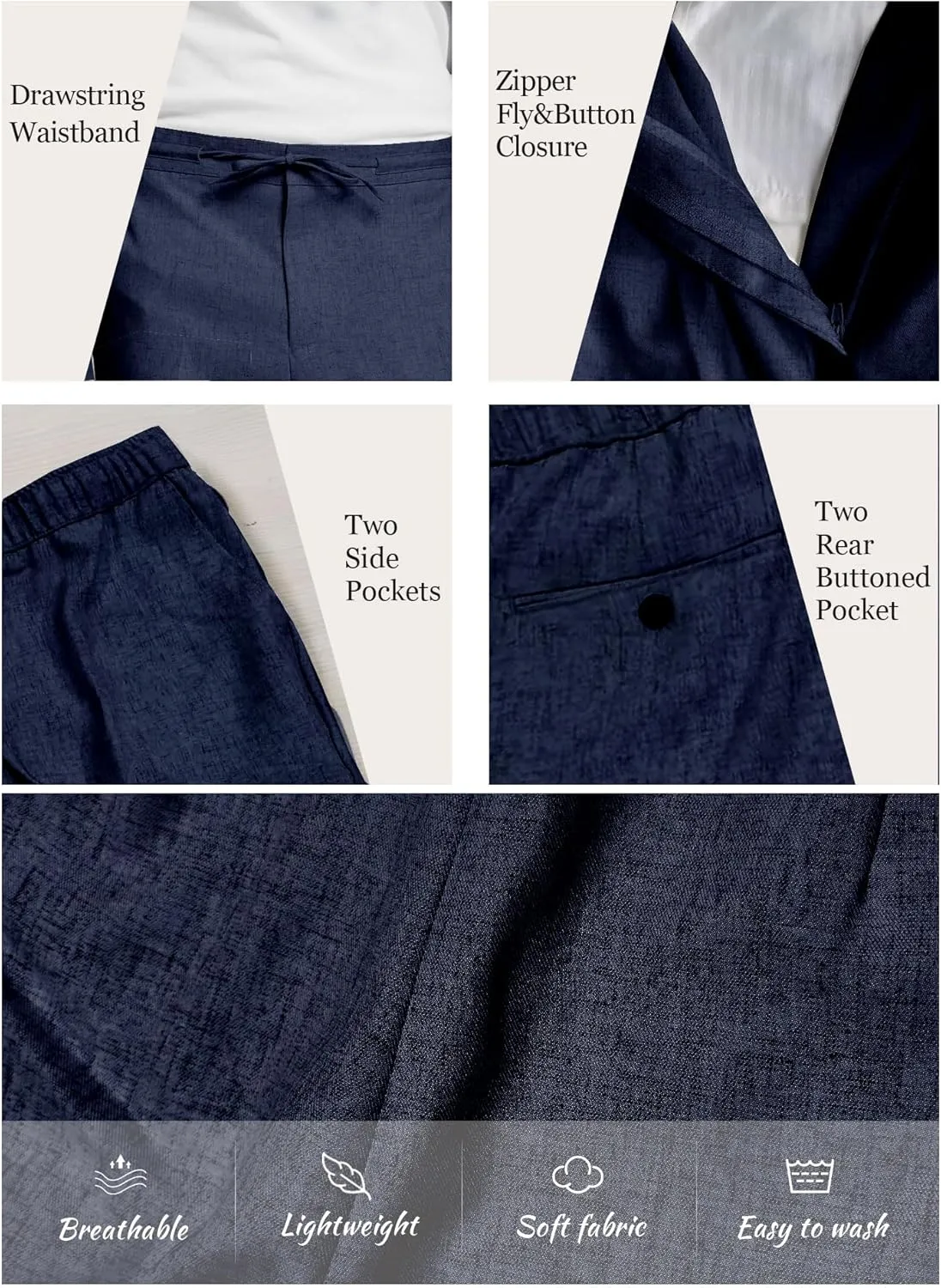 Men's Casual Pants Linen Drawstring Elastic Waist Loose Fit Men Dress Pants Summer Travel Beach Yoga Jog Trouser