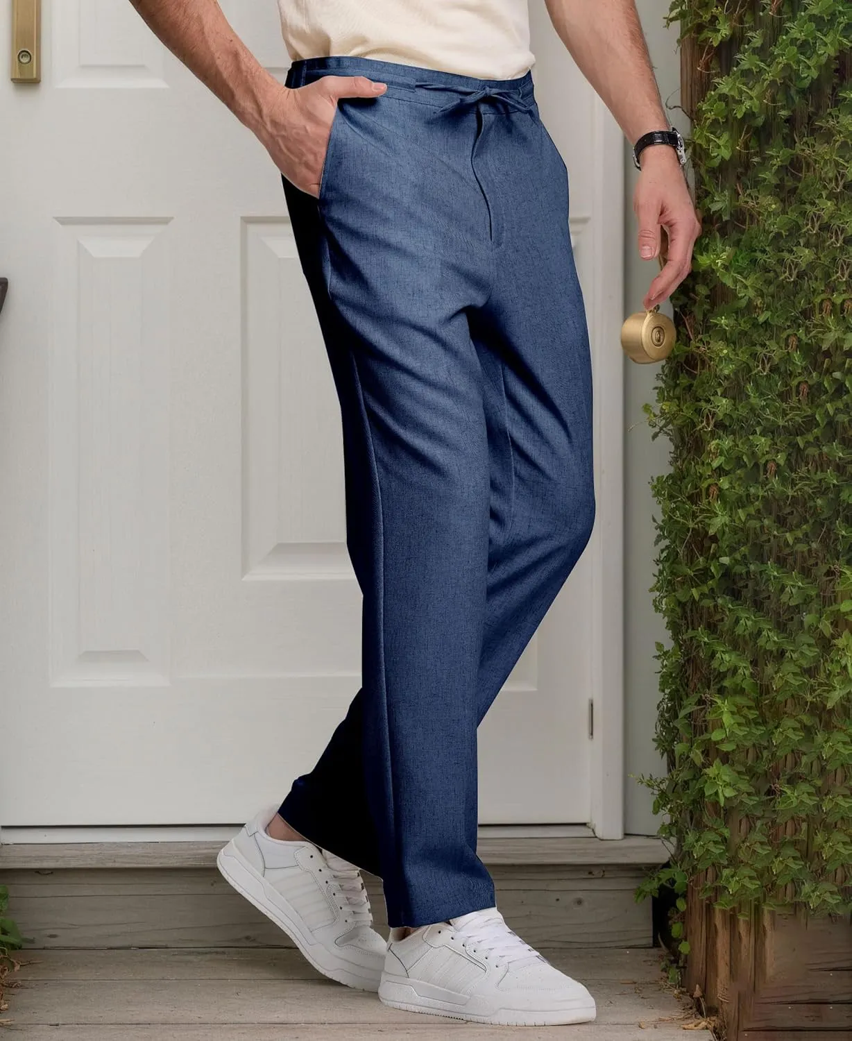 Men's Casual Pants Linen Drawstring Elastic Waist Loose Fit Men Dress Pants Summer Travel Beach Yoga Jog Trouser