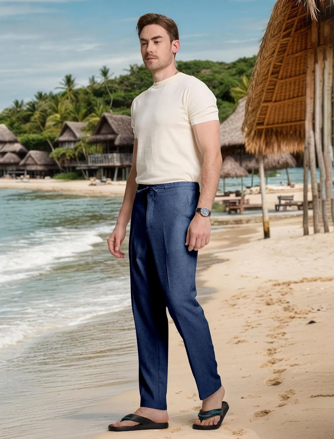Men's Casual Pants Linen Drawstring Elastic Waist Loose Fit Men Dress Pants Summer Travel Beach Yoga Jog Trouser