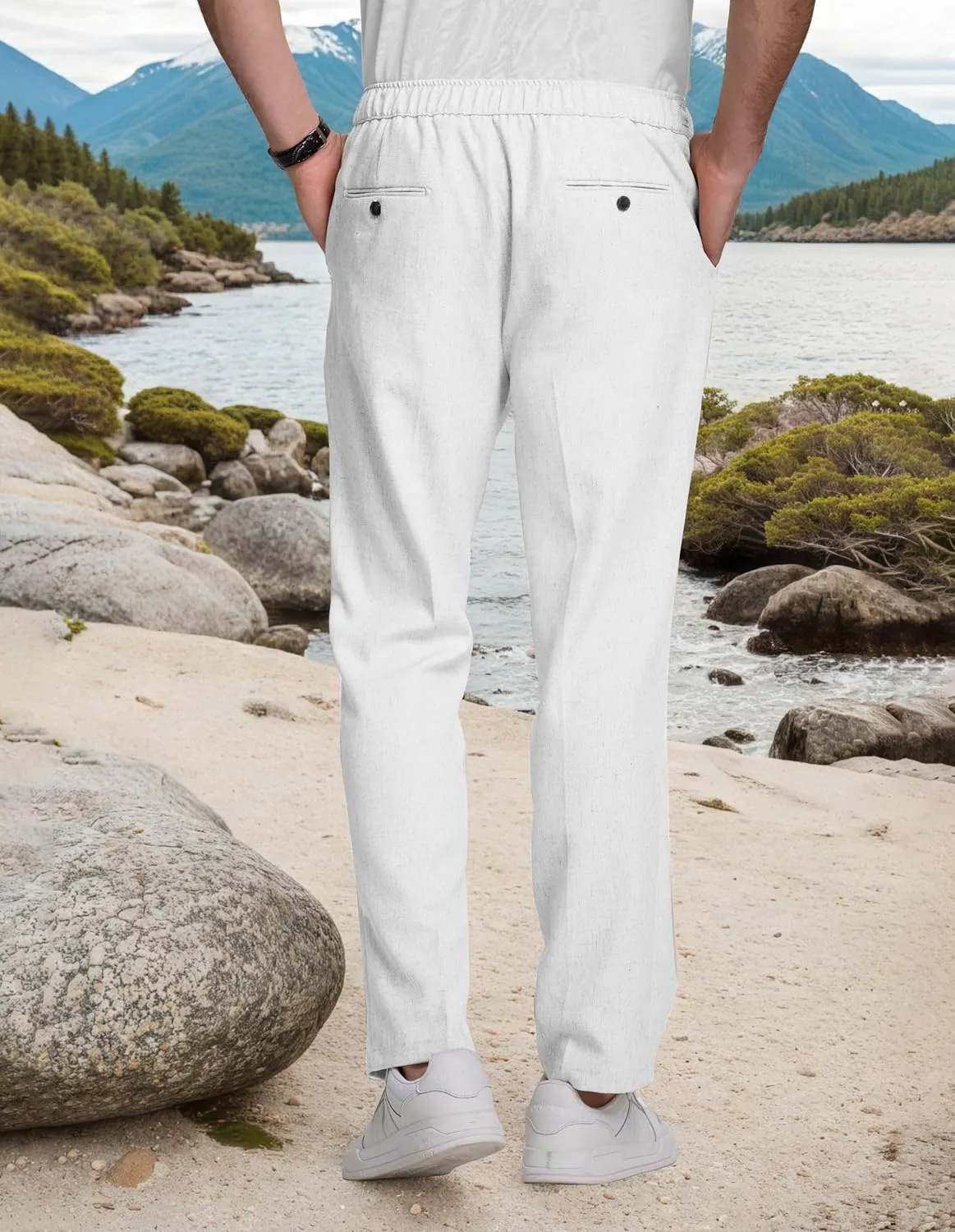 Men's Casual Pants Linen Drawstring Elastic Waist Loose Fit Men Dress Pants Summer Travel Beach Yoga Jog Trouser