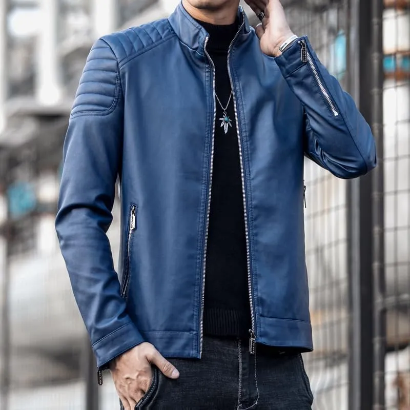 Mens Casual Stand Collar Slim Fit Faux Leather Jacket Biker Motorcycle Jacket