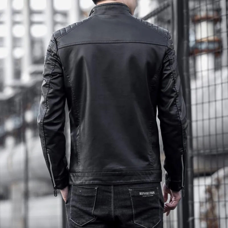 Mens Casual Stand Collar Slim Fit Faux Leather Jacket Biker Motorcycle Jacket