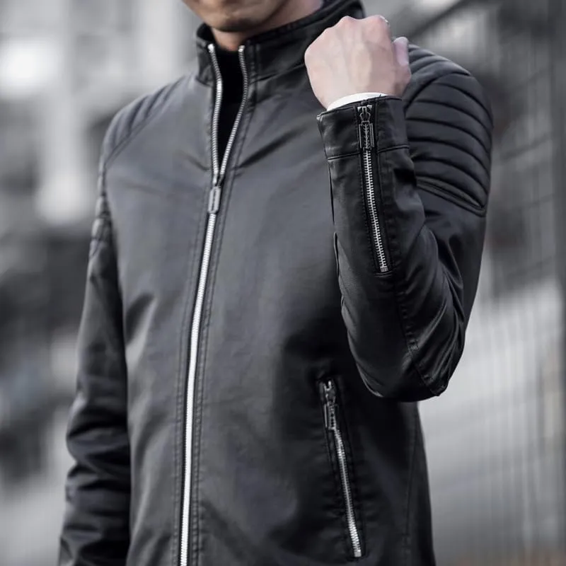 Mens Casual Stand Collar Slim Fit Faux Leather Jacket Biker Motorcycle Jacket