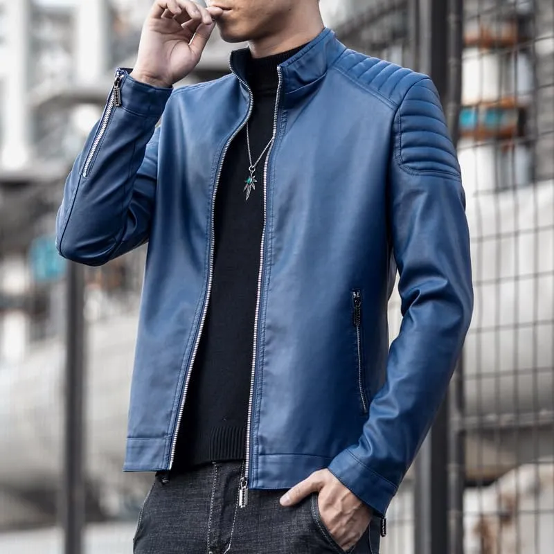 Mens Casual Stand Collar Slim Fit Faux Leather Jacket Biker Motorcycle Jacket