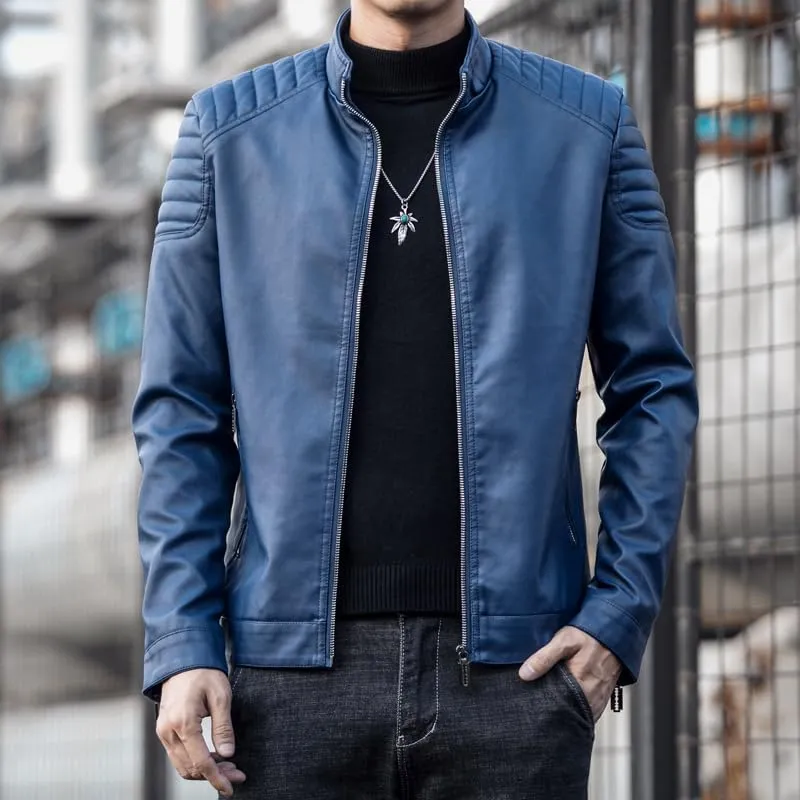 Mens Casual Stand Collar Slim Fit Faux Leather Jacket Biker Motorcycle Jacket