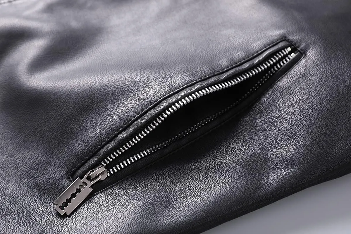 Mens Casual Stand Collar Slim Fit Faux Leather Jacket Biker Motorcycle Jacket