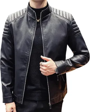 Mens Casual Stand Collar Slim Fit Faux Leather Jacket Biker Motorcycle Jacket