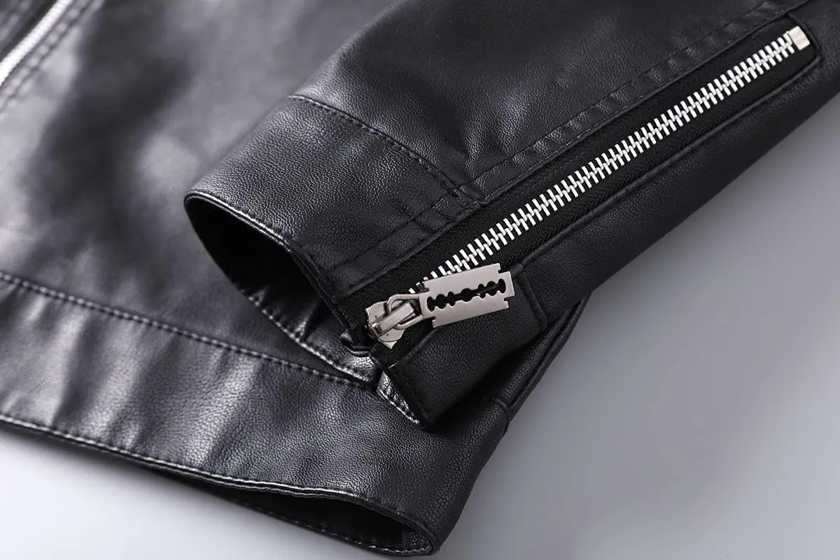 Mens Casual Stand Collar Slim Fit Faux Leather Jacket Biker Motorcycle Jacket