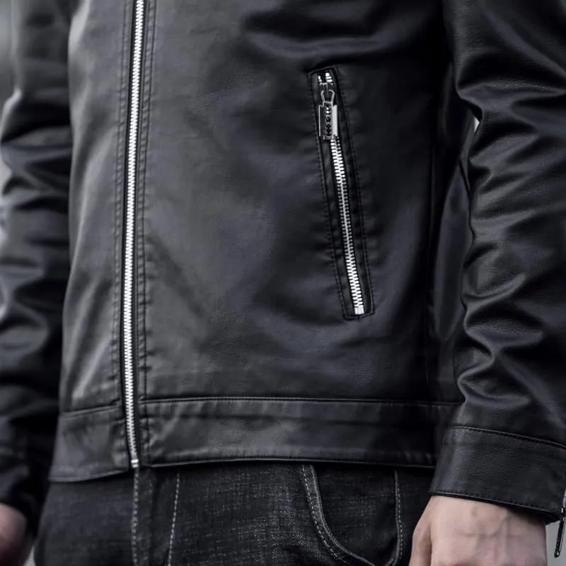Mens Casual Stand Collar Slim Fit Faux Leather Jacket Biker Motorcycle Jacket
