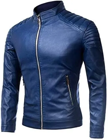 Mens Casual Stand Collar Slim Fit Faux Leather Jacket Biker Motorcycle Jacket