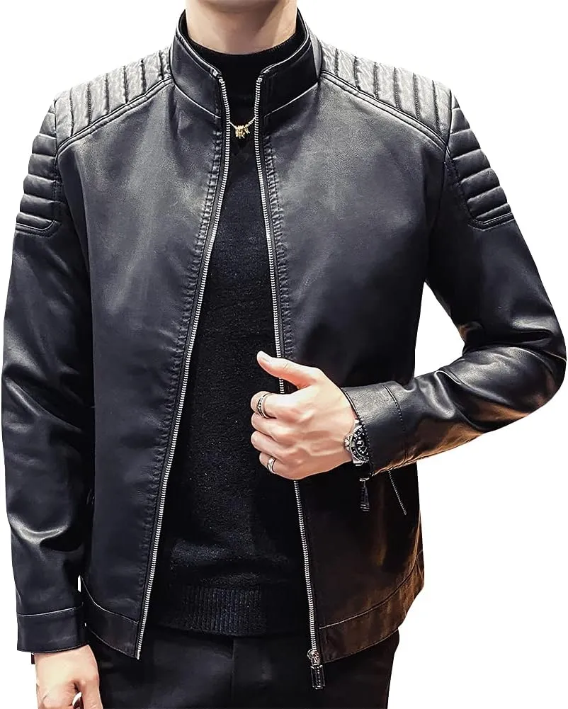Mens Casual Stand Collar Slim Fit Faux Leather Jacket Biker Motorcycle Jacket
