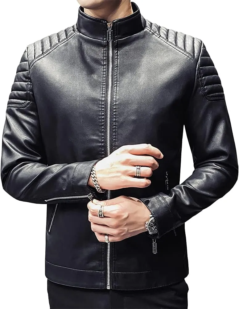 Mens Casual Stand Collar Slim Fit Faux Leather Jacket Biker Motorcycle Jacket