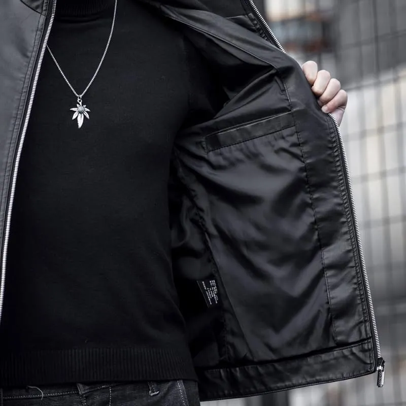 Mens Casual Stand Collar Slim Fit Faux Leather Jacket Biker Motorcycle Jacket