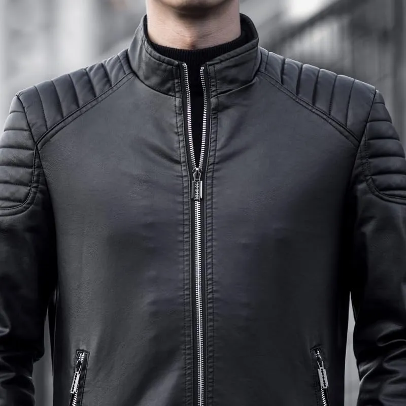 Mens Casual Stand Collar Slim Fit Faux Leather Jacket Biker Motorcycle Jacket