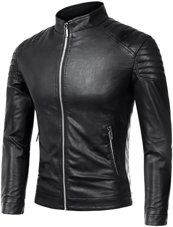 Mens Casual Stand Collar Slim Fit Faux Leather Jacket Biker Motorcycle Jacket